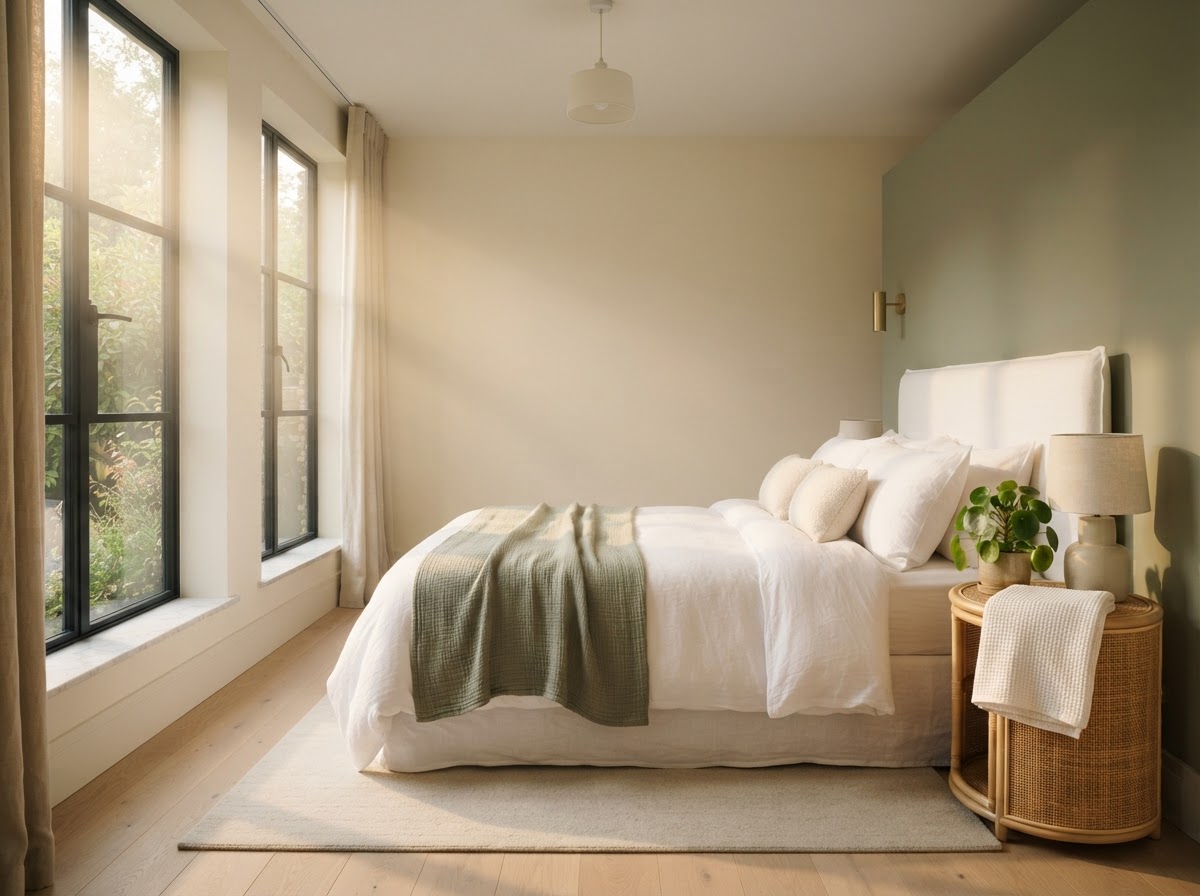 A serene bedroom with a perfectly made white linen bed, rattan table and morning light