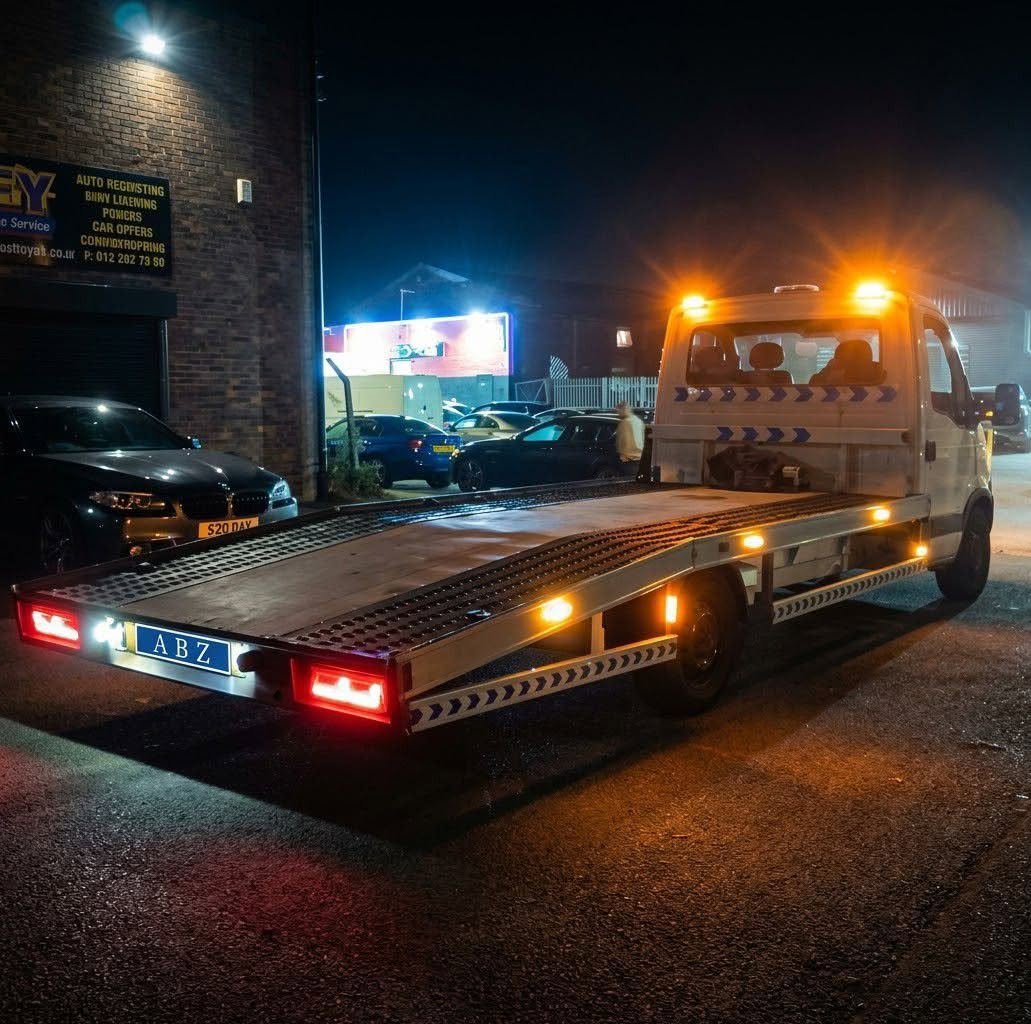 Abu Sultan Recovery flatbed truck illuminated at night