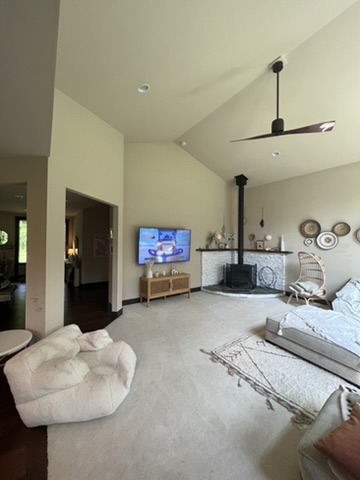Living room with older carpet before flooring replacement