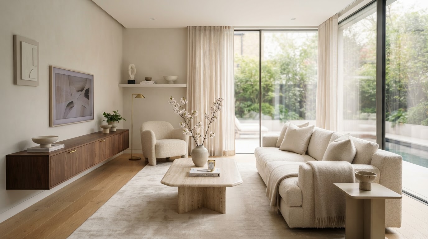 Pristine, elegantly styled modern living room bathed in soft natural light