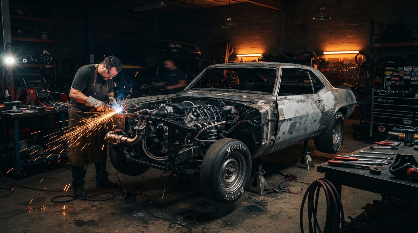 A 1969 Chevy Nova resto-mod mid-build in the RDM369 BUILD LAB shop with an LS3 swap
