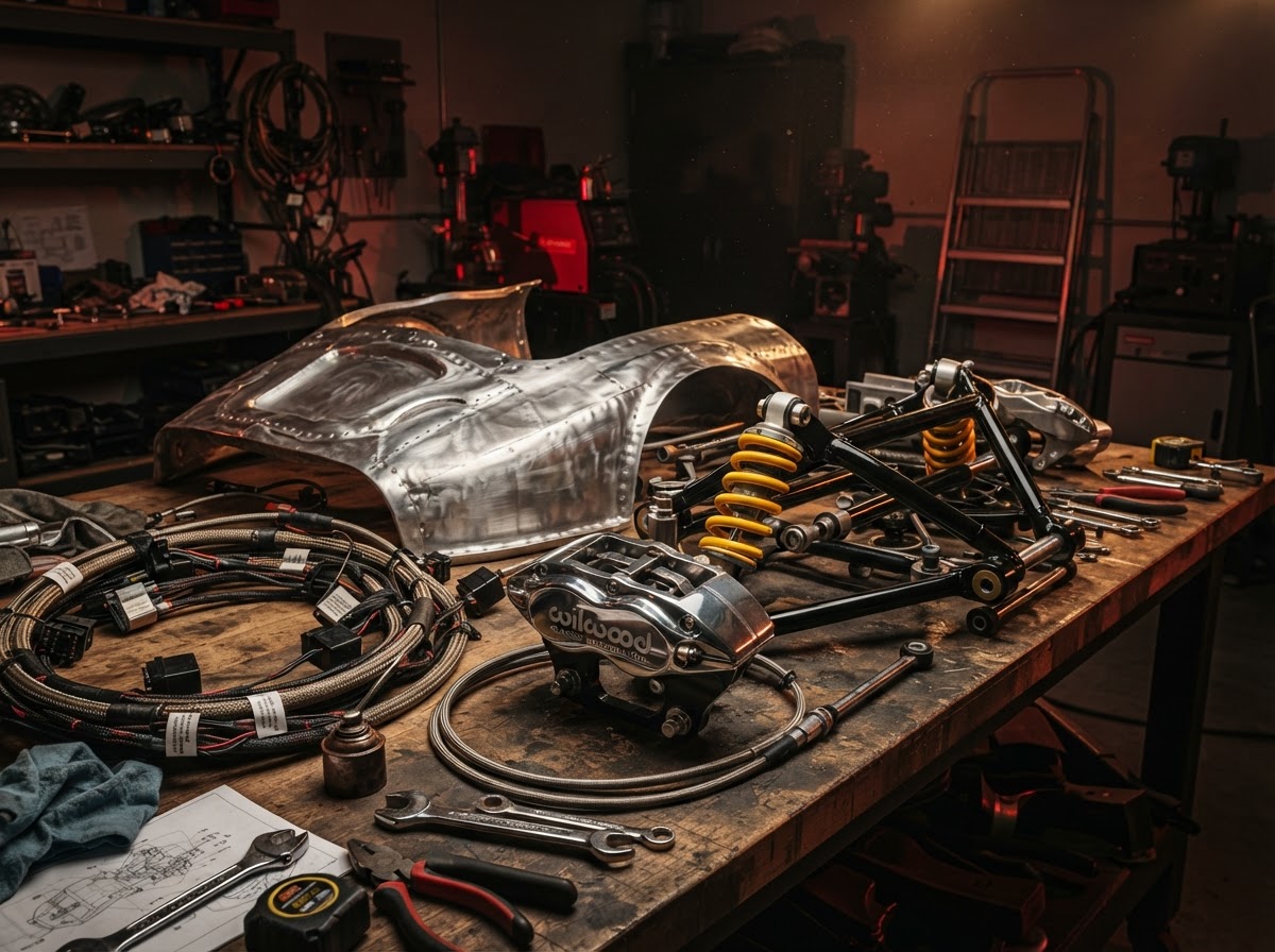RDM369 BUILD LAB shop with a classic car on the lift mid-resto-mod build