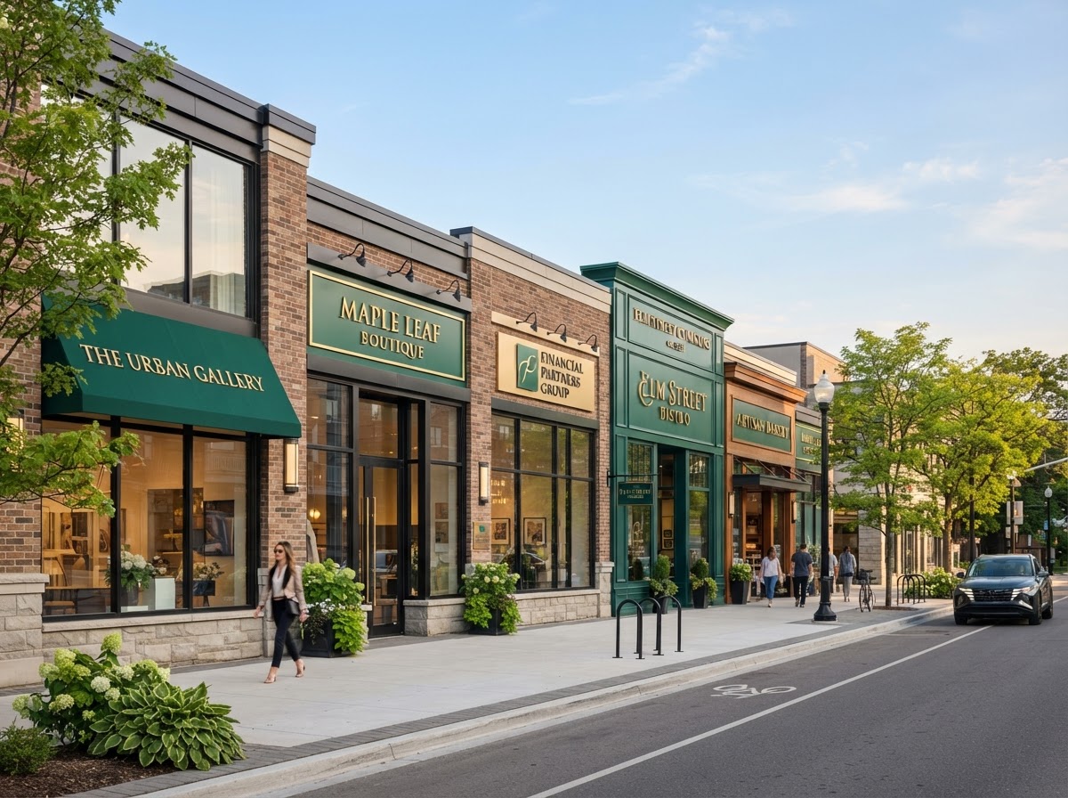 Well-maintained commercial storefront properties along a clean Ontario street