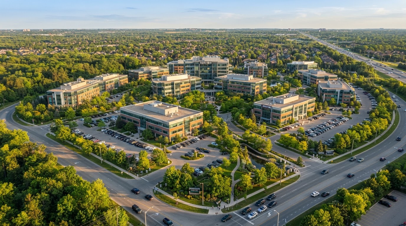 Aerial view of a maintained commercial business park in Ontario