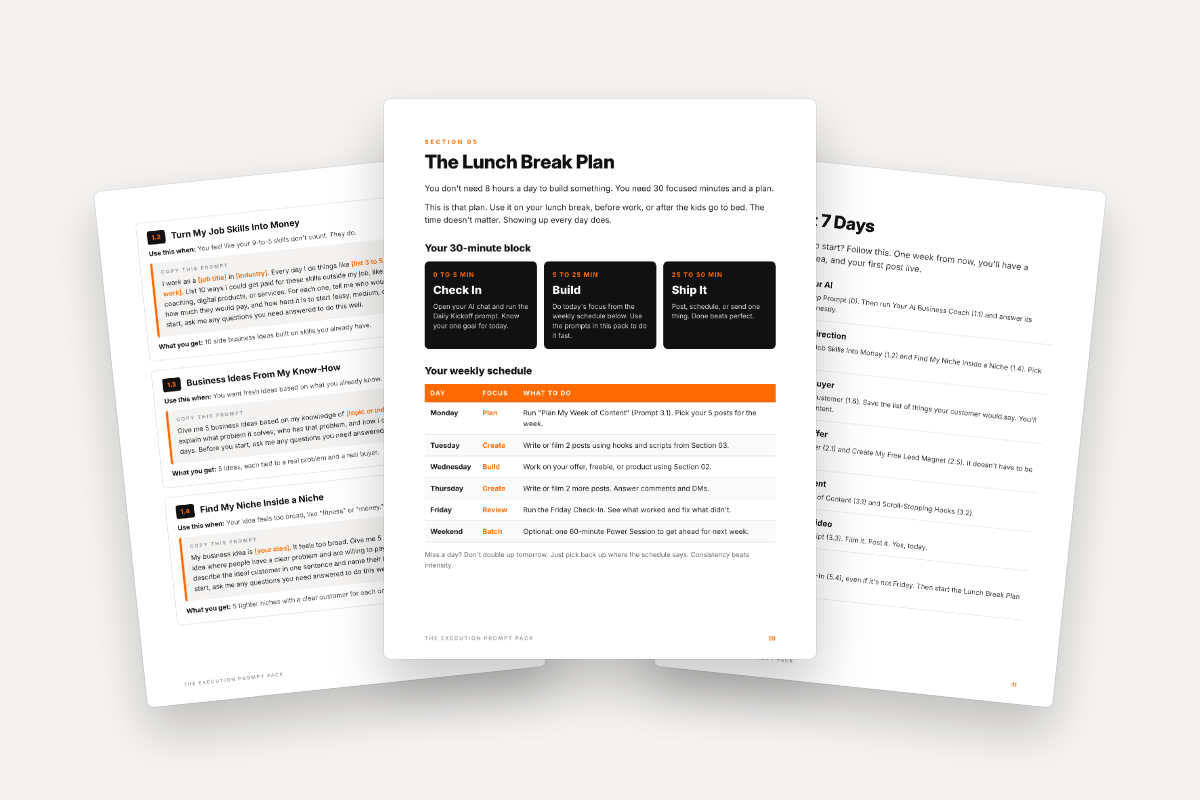 Inside pages of The Execution Prompt Pack showing prompt worksheets