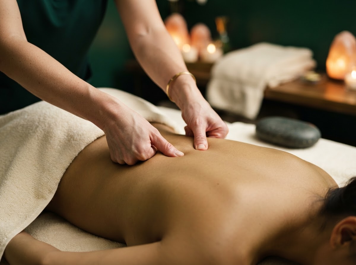 Close-up of a therapist's thumbs applying calm, focused point pressure to a relaxed back