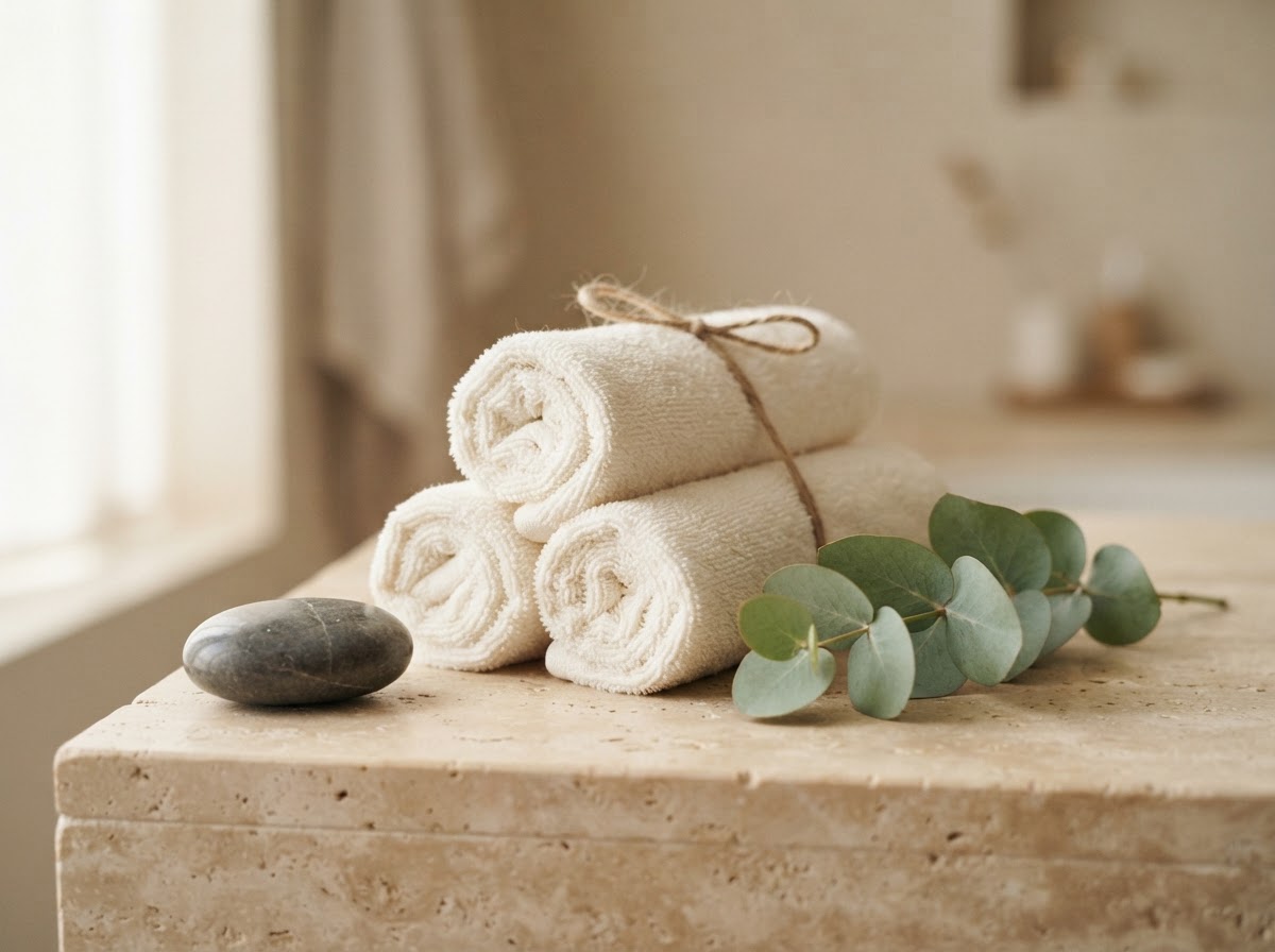 Neatly rolled ivory towel with a fresh eucalyptus sprig in soft light
