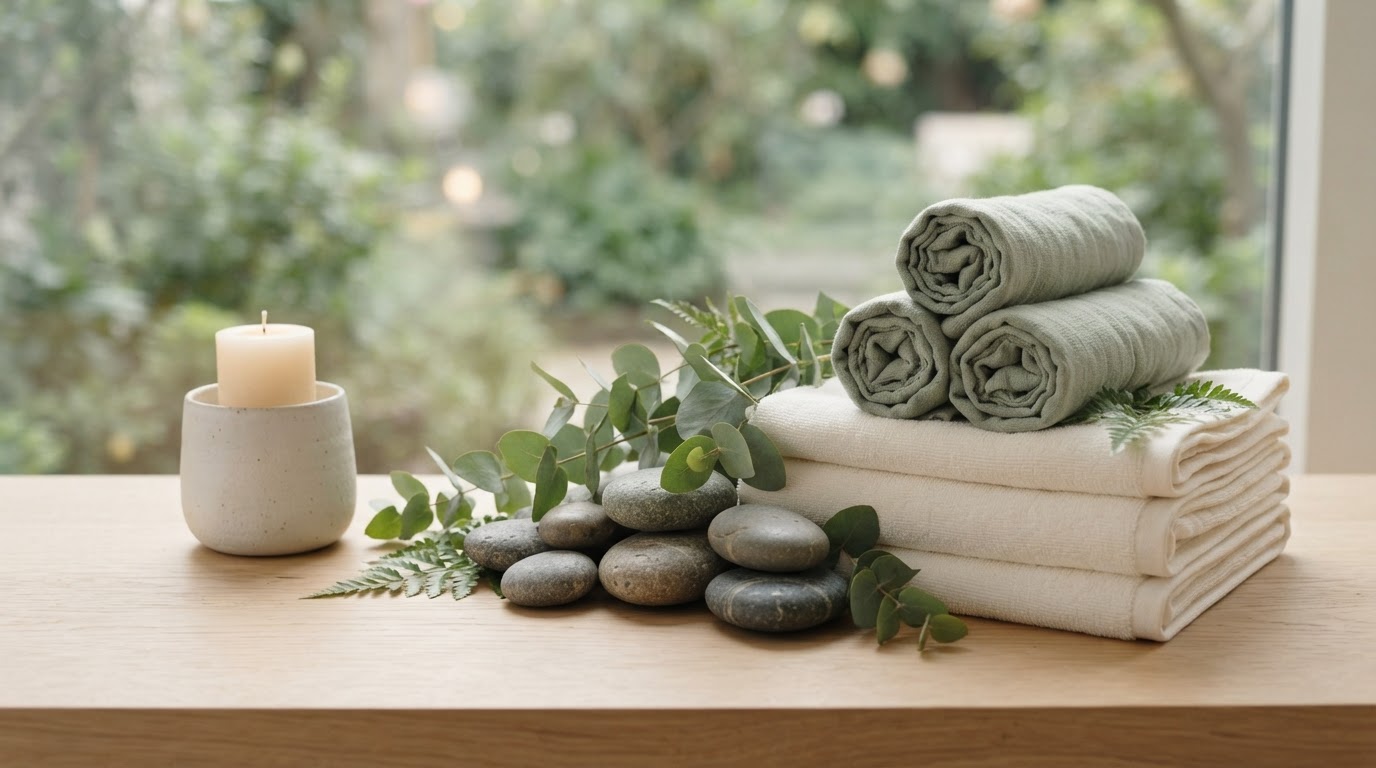 Folded ivory towels, smooth decorative stones, and eucalyptus arranged on a warm wood surface