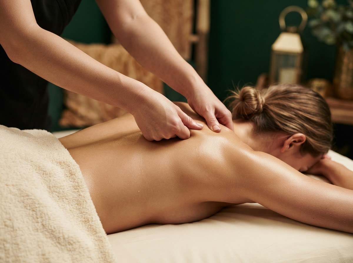 Close-up of a therapist's hands applying firm, focused pressure to a relaxed upper back