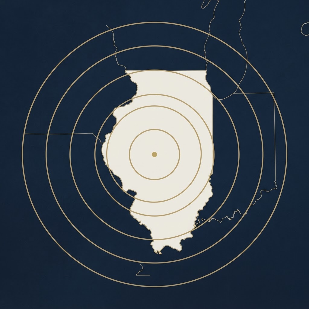 Schematic map showing concentric coverage rings centered on Macomb, Illinois.