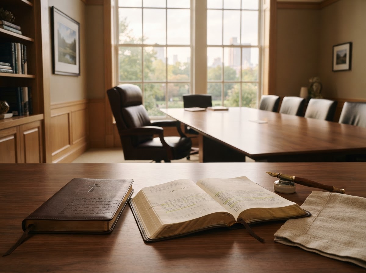 Boardroom desk with open Bible, journal, and the sovereign seat in warm natural daylight - Stewardship Life Publishing