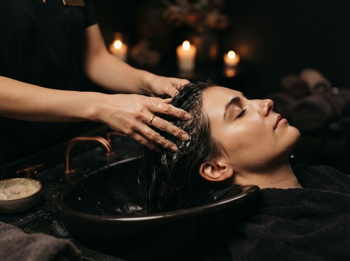 Fingertips gently working an exfoliating scrub into the scalp