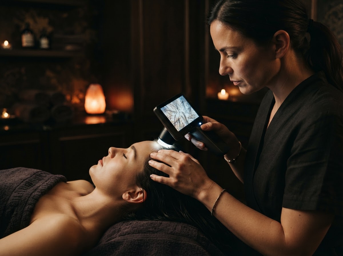 A specialist examining a client's scalp with a magnifying scalp camera