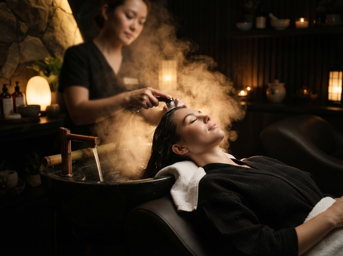 Soft steam surrounding a client's head while they relax