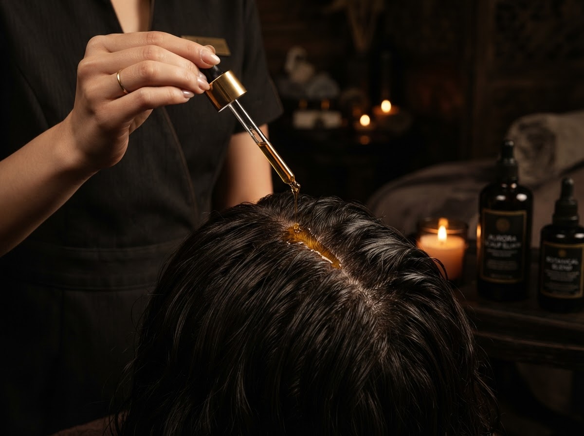 A dropper applying treatment onto a parted section of the scalp