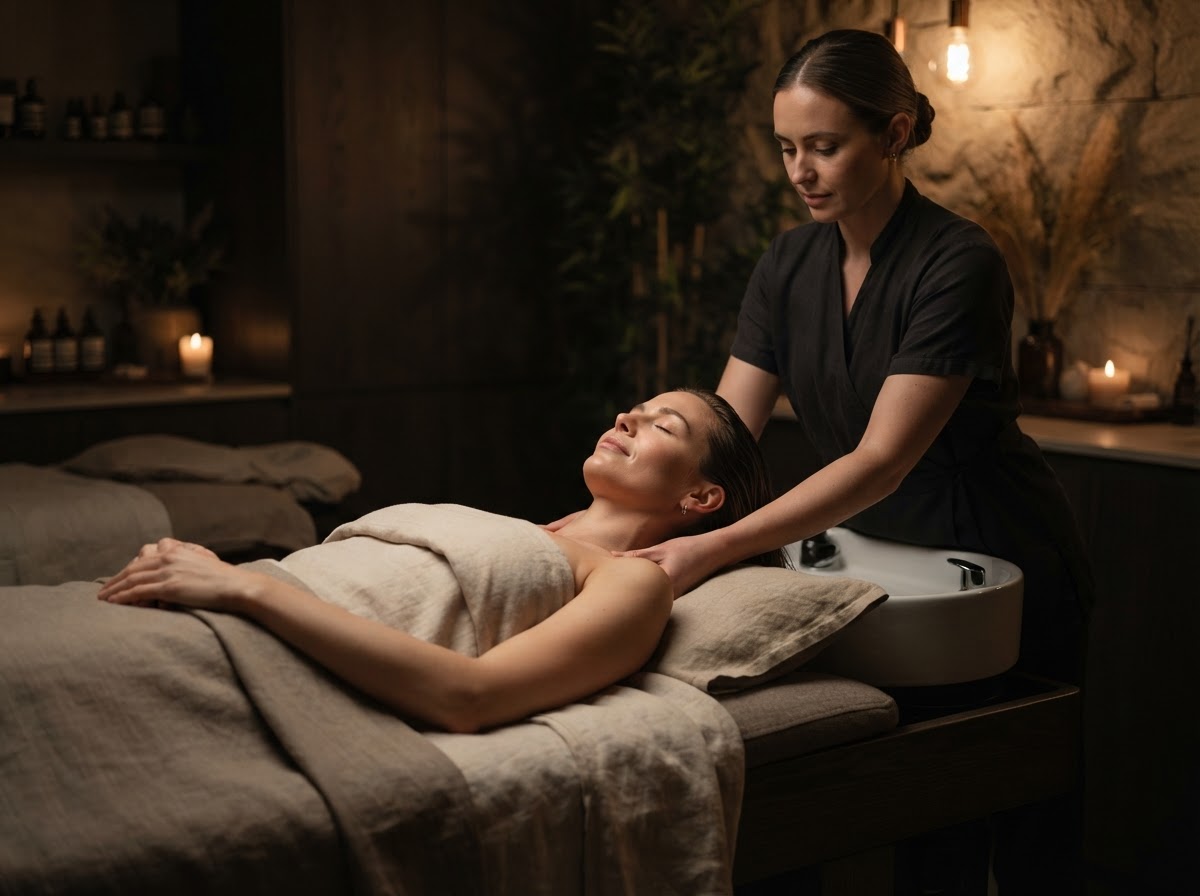 A therapist massaging a client's neck and shoulders as the client lies back and relaxes