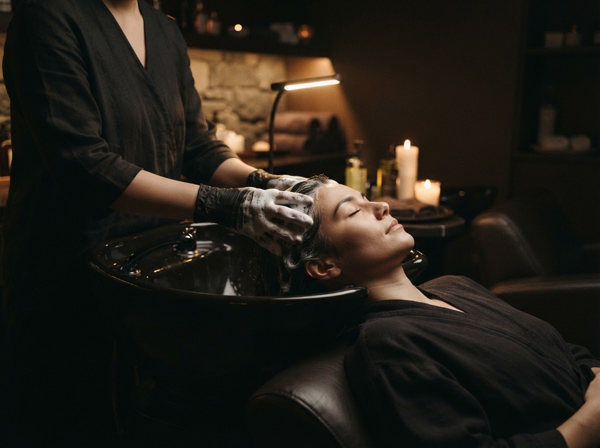 Hands applying a clarifying cleanser to the scalp with soft foam