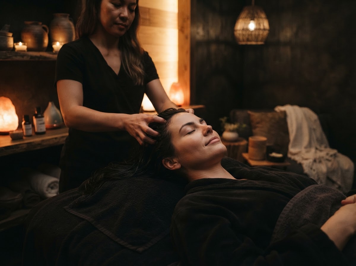 Both hands massaging a client's scalp, client relaxed and smiling