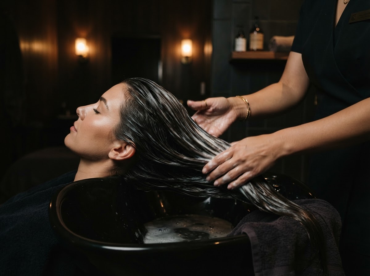 Creamy hair mask being combed through lengths of hair