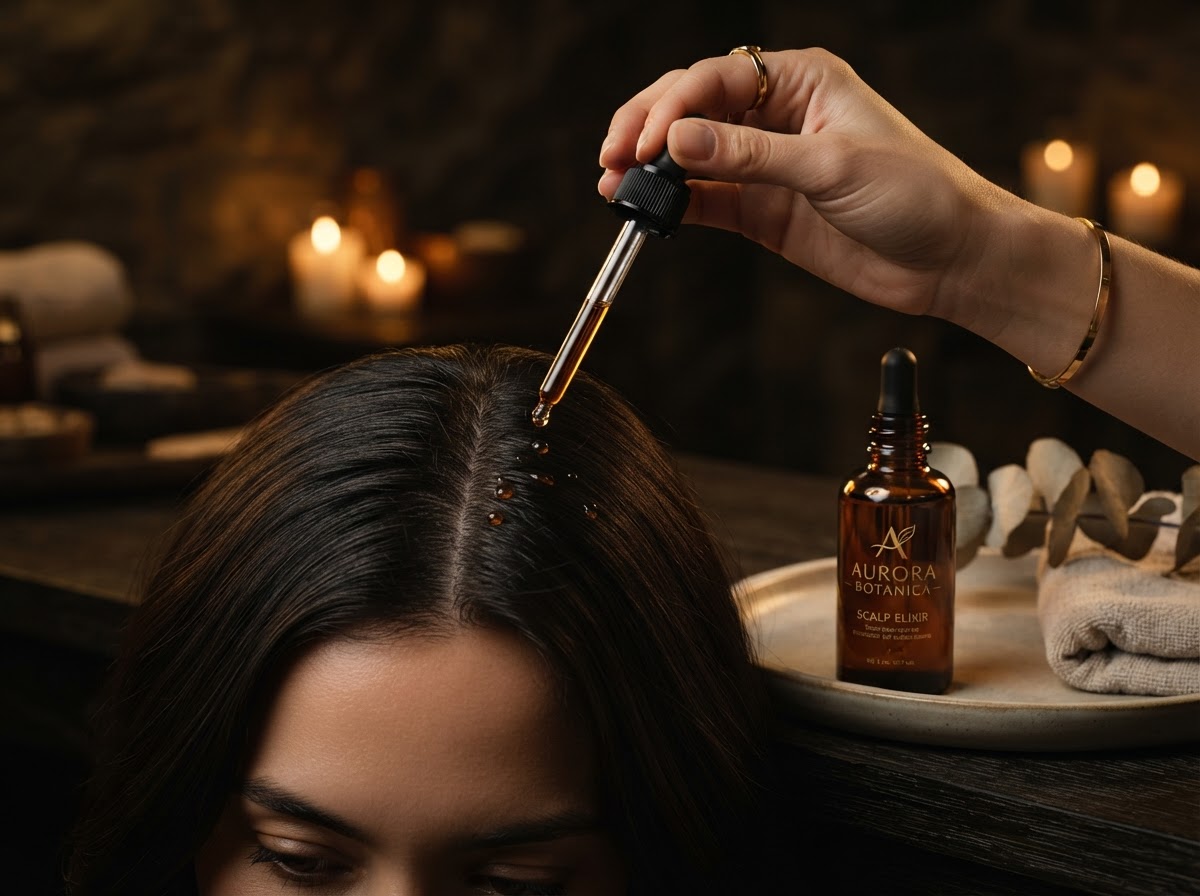 A serum bottle and dropper being applied to the scalp