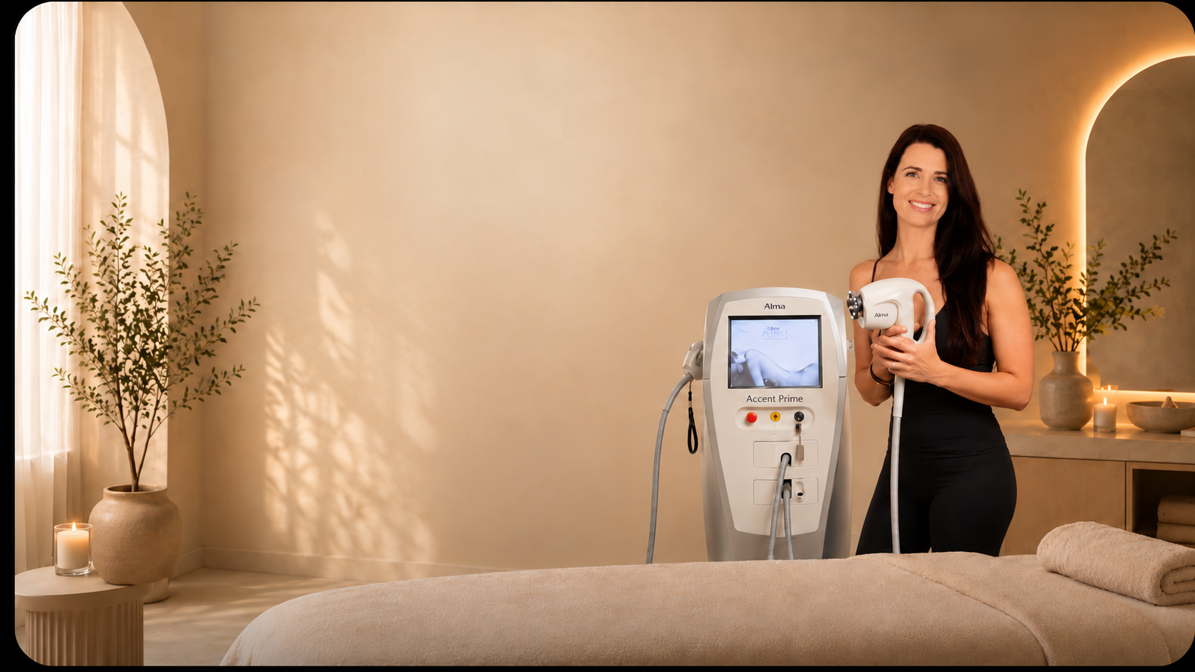 A woman receiving an Alma Accent Prime body sculpting treatment in a serene Gold Coast studio