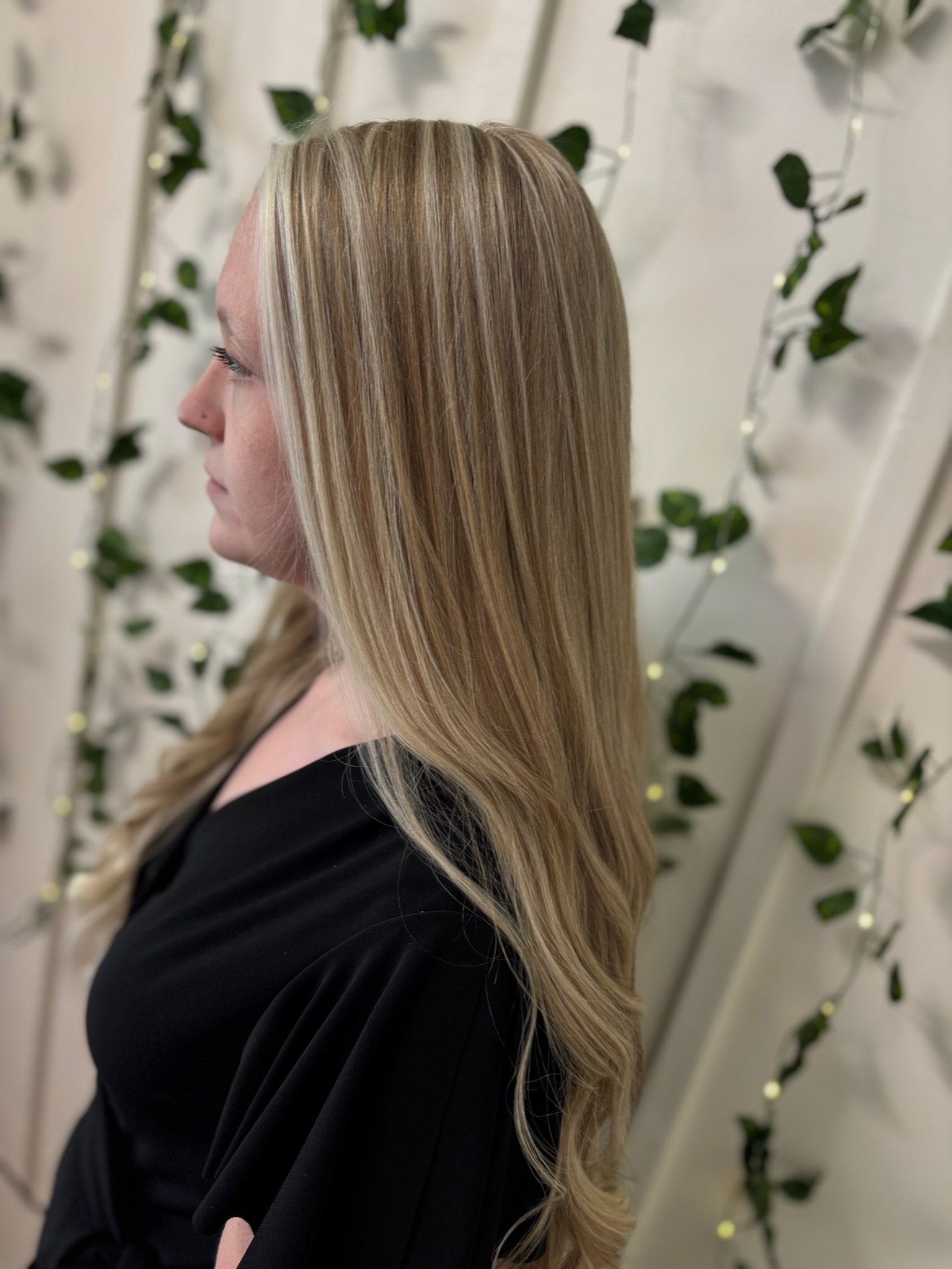Long silky vanilla blonde highlights with smooth finish by Kalene