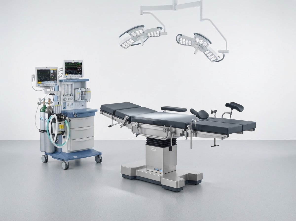 Surgical operating room table with anesthesia machine and surgical lights