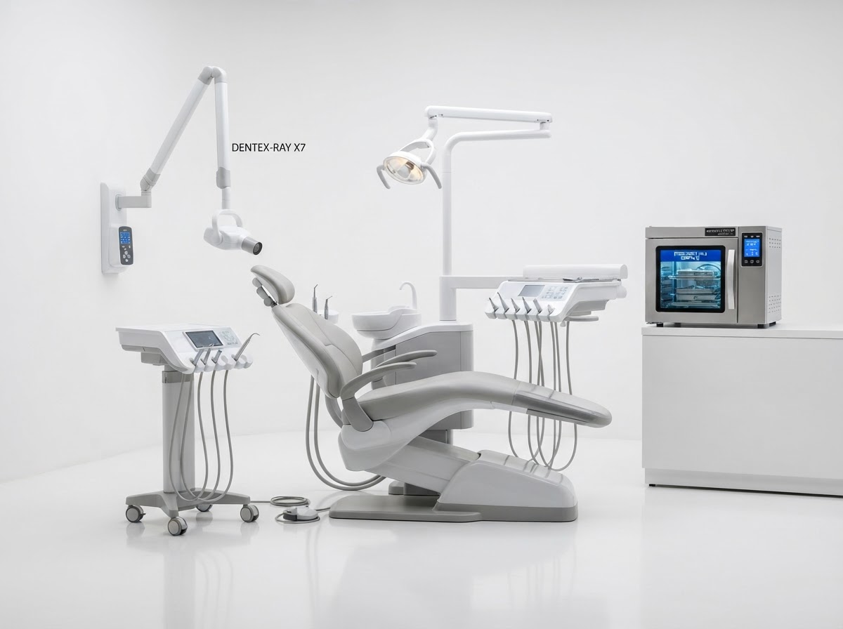 Modern dental chair unit with intraoral X-ray and sterilizer