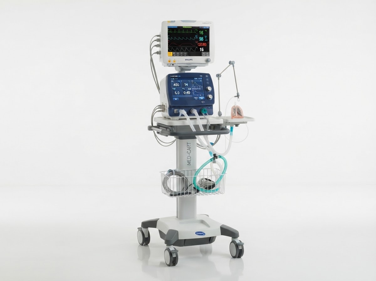 Patient vital signs monitor and ICU ventilator on a cart