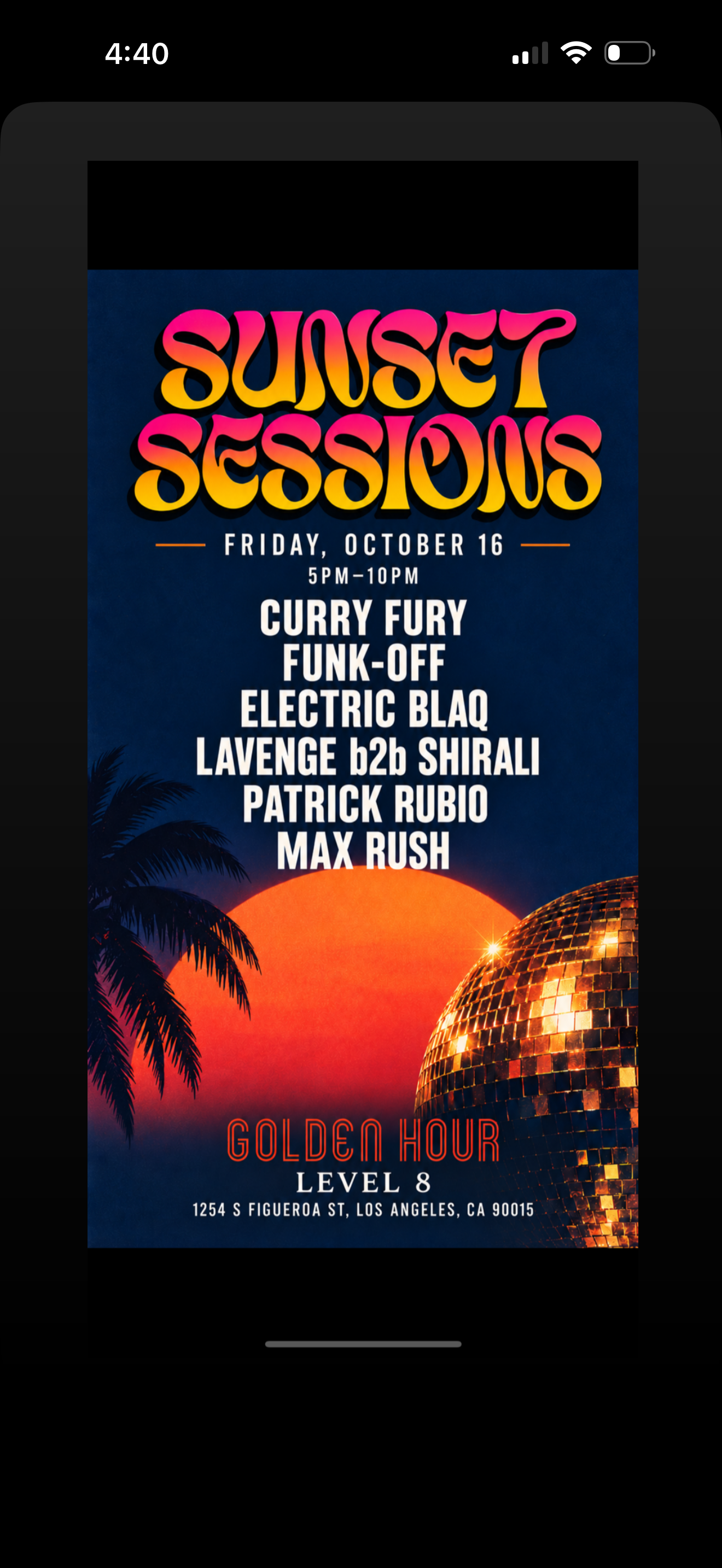 Sunset Sessions at Golden Hour, Level 8 DTLA — Friday October 16th, 5PM-10PM featuring Curry Fury, Funk-Off, Electric Blaq, Lavenge b2b Shirali, Patrick Rubio, Max Rush