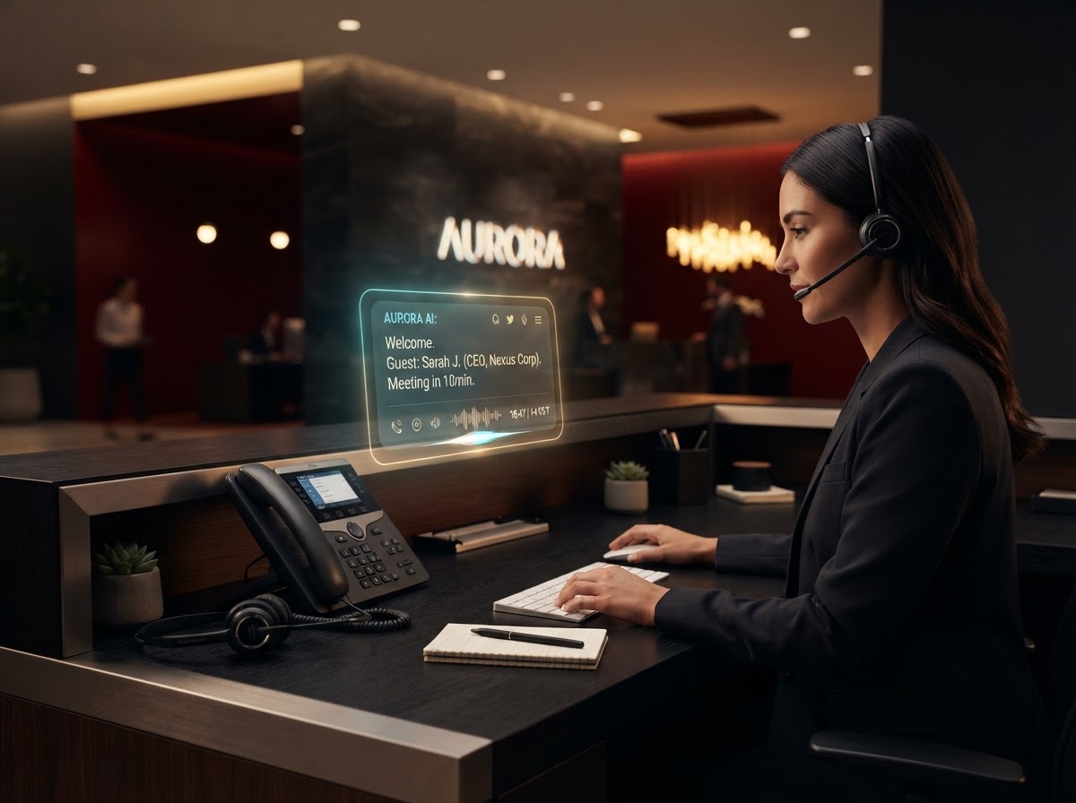 GoldenMagna AI receptionist workspace with voice assistant, desk phone, and warm golden lighting