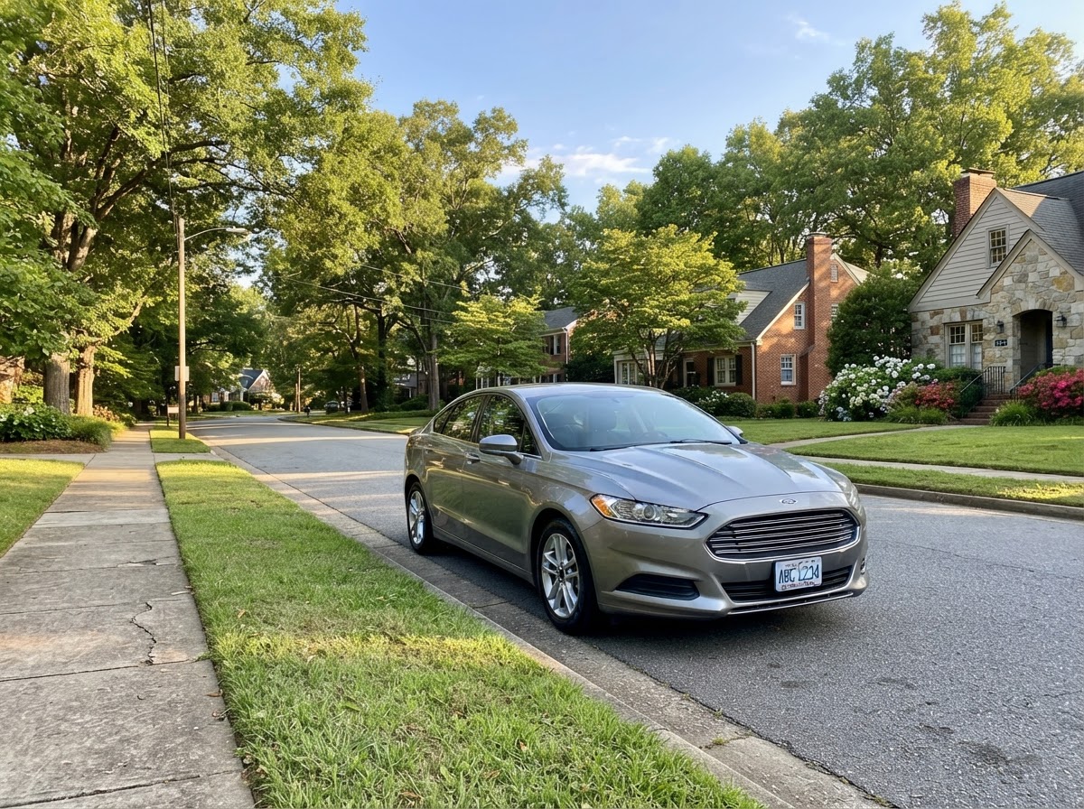 A clean grey 2016 Ford Fusion parked on a quiet Raleigh neighborhood street in daylight
