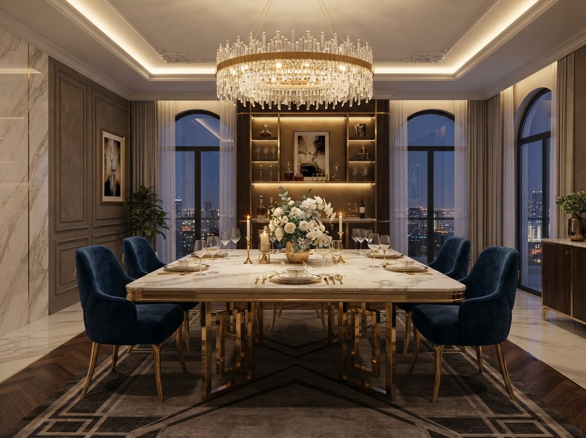 Bella Vita 7-Piece Marble & Gold Dining Table Set