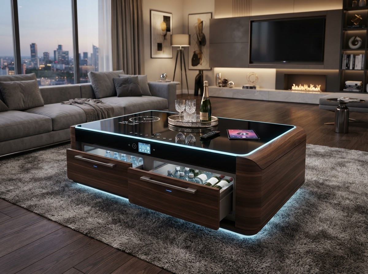 Smart Coffee Table with Dual Fridge, Bluetooth & Wireless Charger