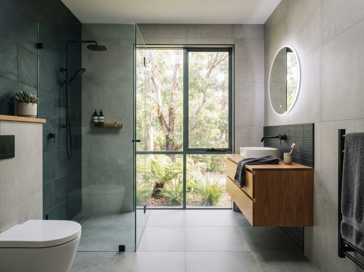 Bathroom renovation in Mitchell with walk-in shower and timber vanity