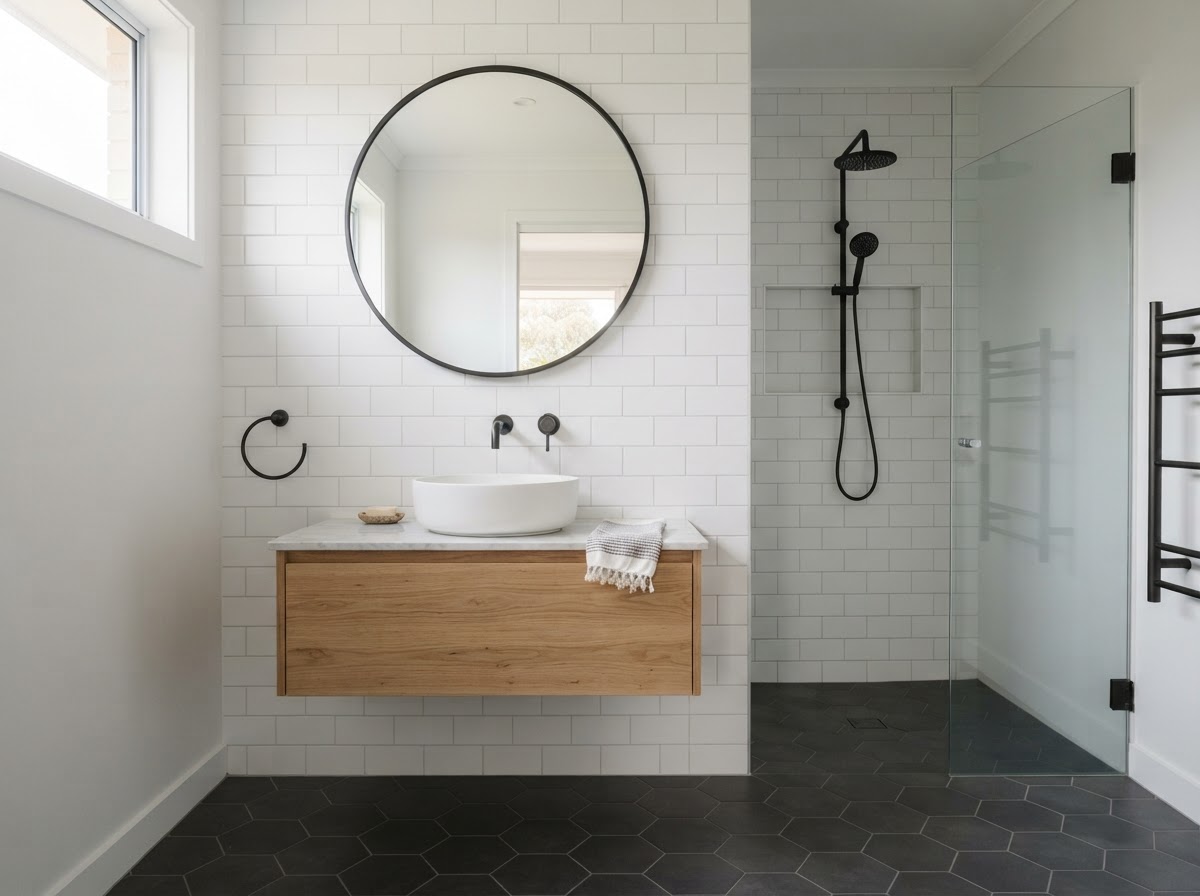 Minimalist bathroom with floating timber vanity