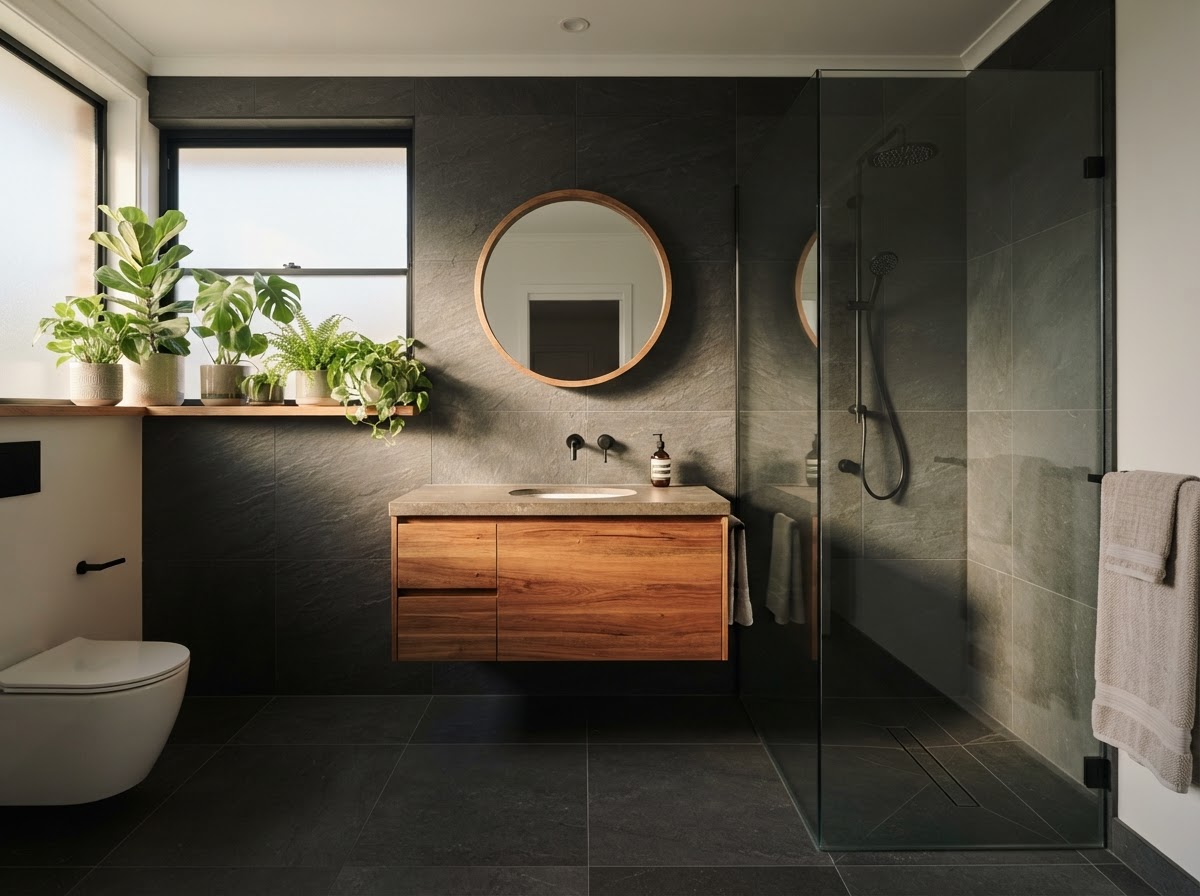 Bathroom renovation in Pearce with timber vanity and walk-in shower