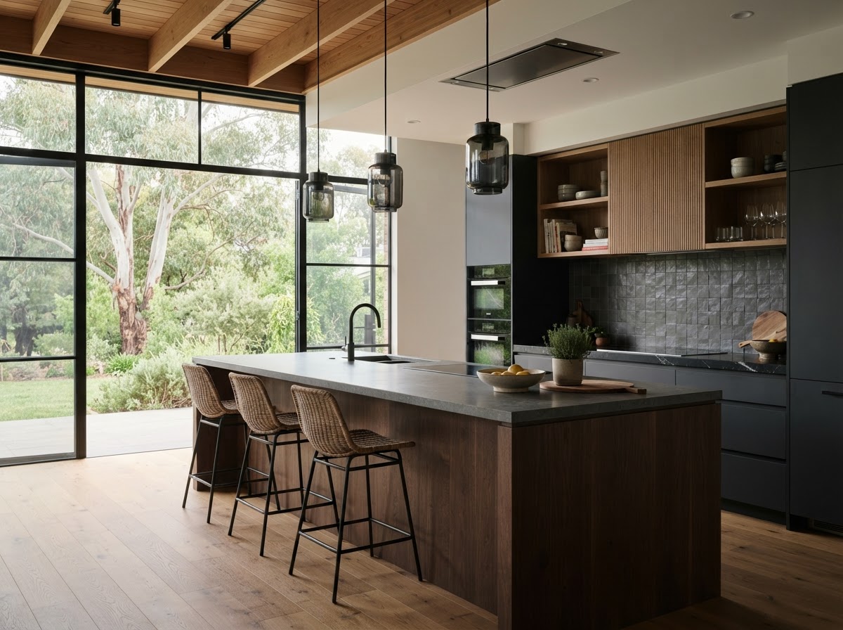 Kitchen renovation in Braddon with dark timber island and stone benchtop