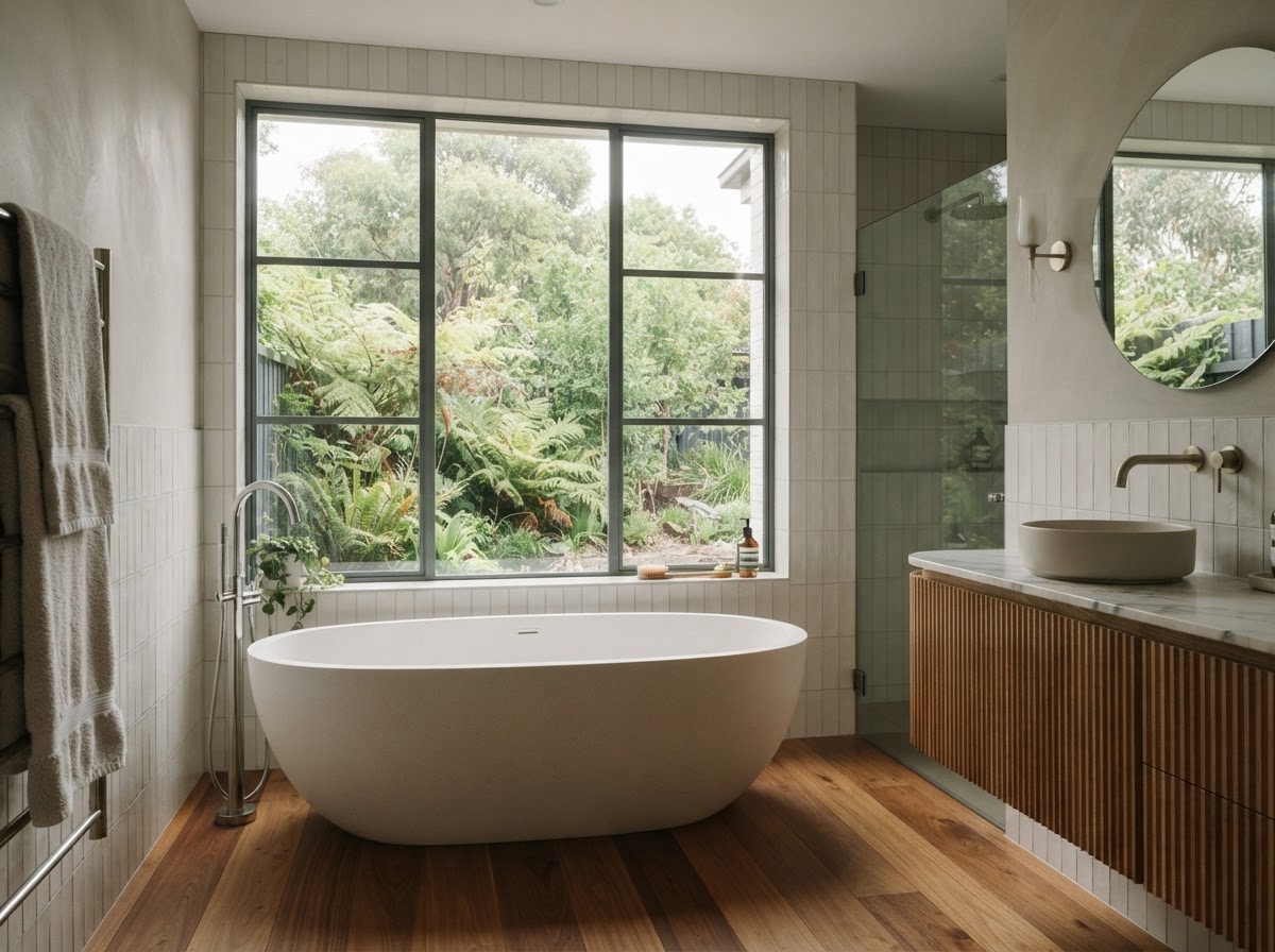 Freestanding oval bath under a window