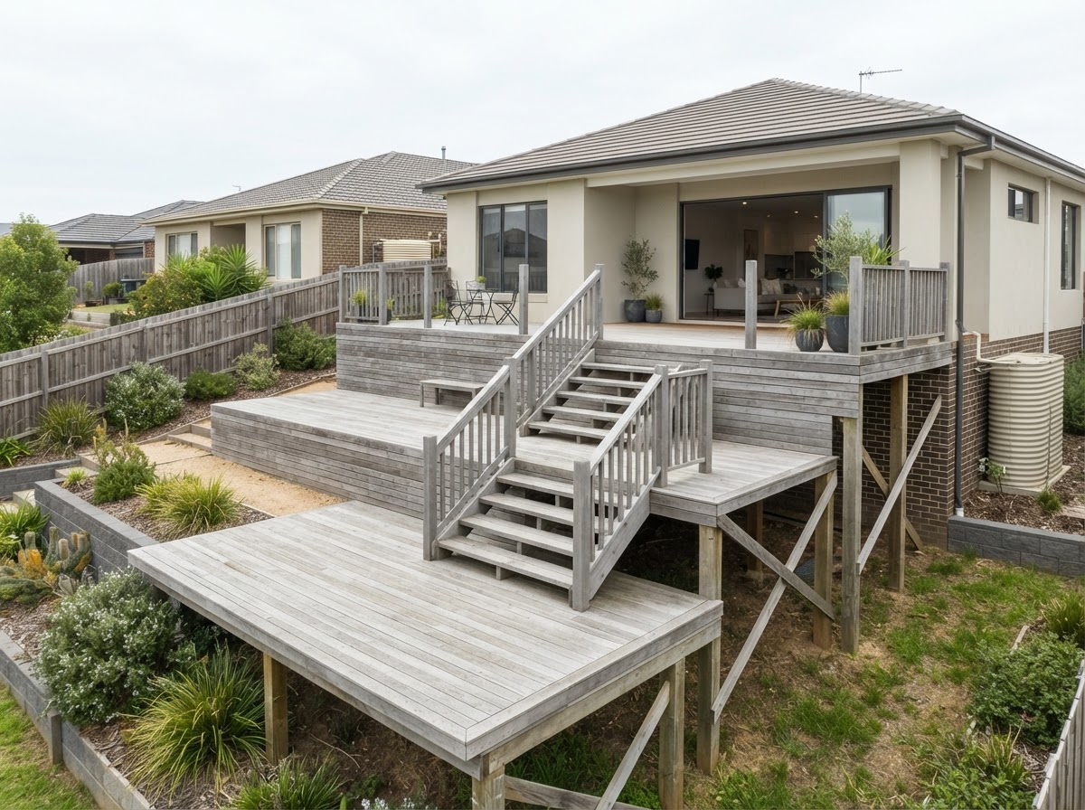 Multi-level deck on a sloping yard with stairs between levels, silvery weathered boards