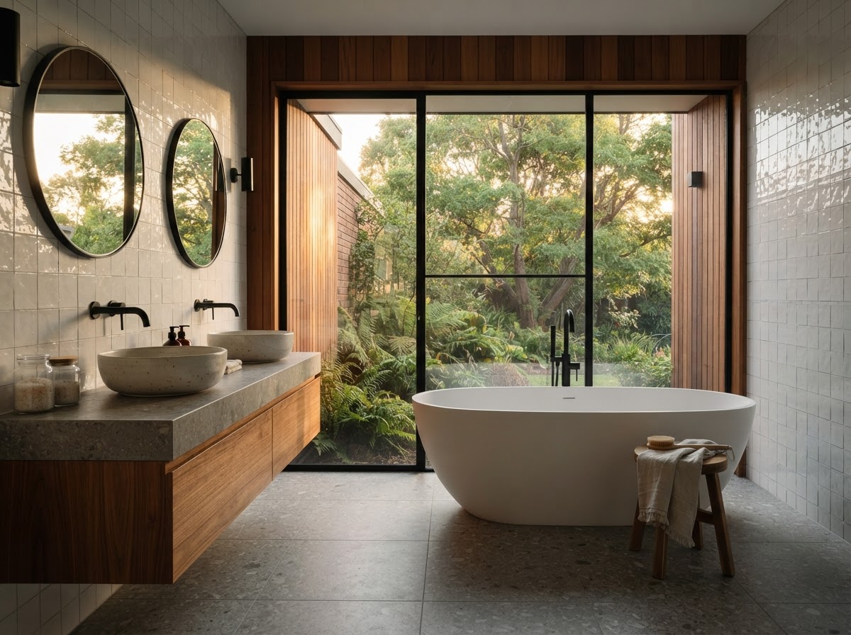 Bathroom renovation in Mawson with freestanding bath and double vanity