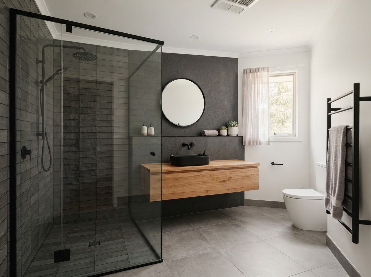 Modern ensuite with timber vanity