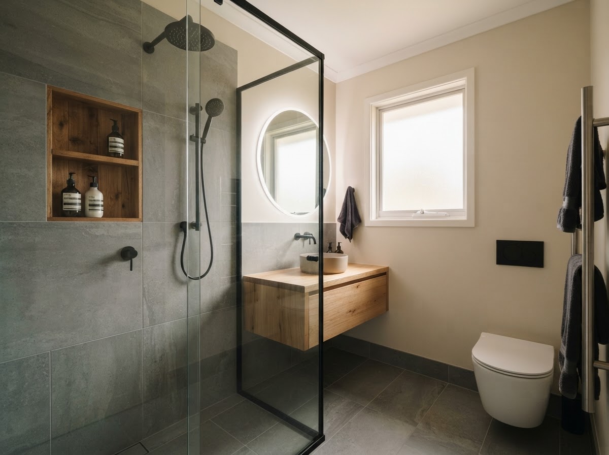 Compact ensuite with frameless glass shower
