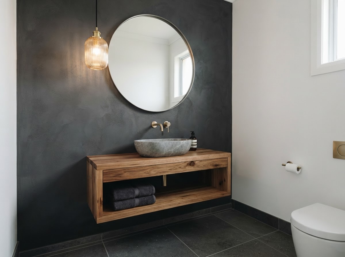 Modern powder room with timber console vanity