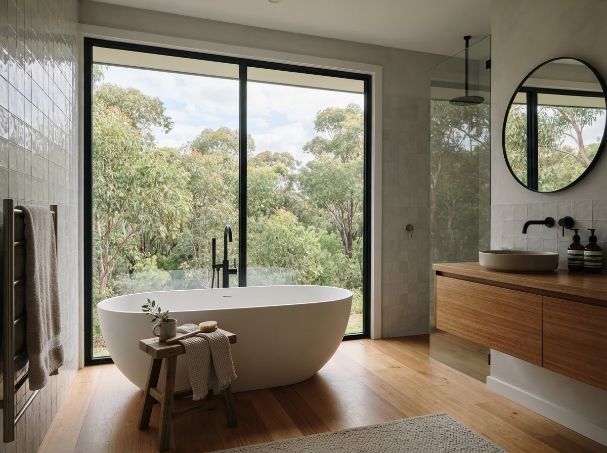 Freestanding bath with bushland views