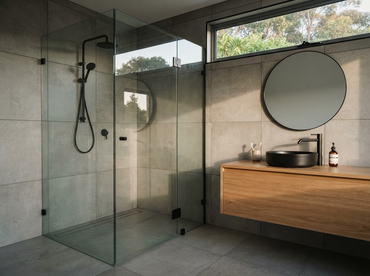 Bathroom renovation in Woden with walk-in shower and timber vanity