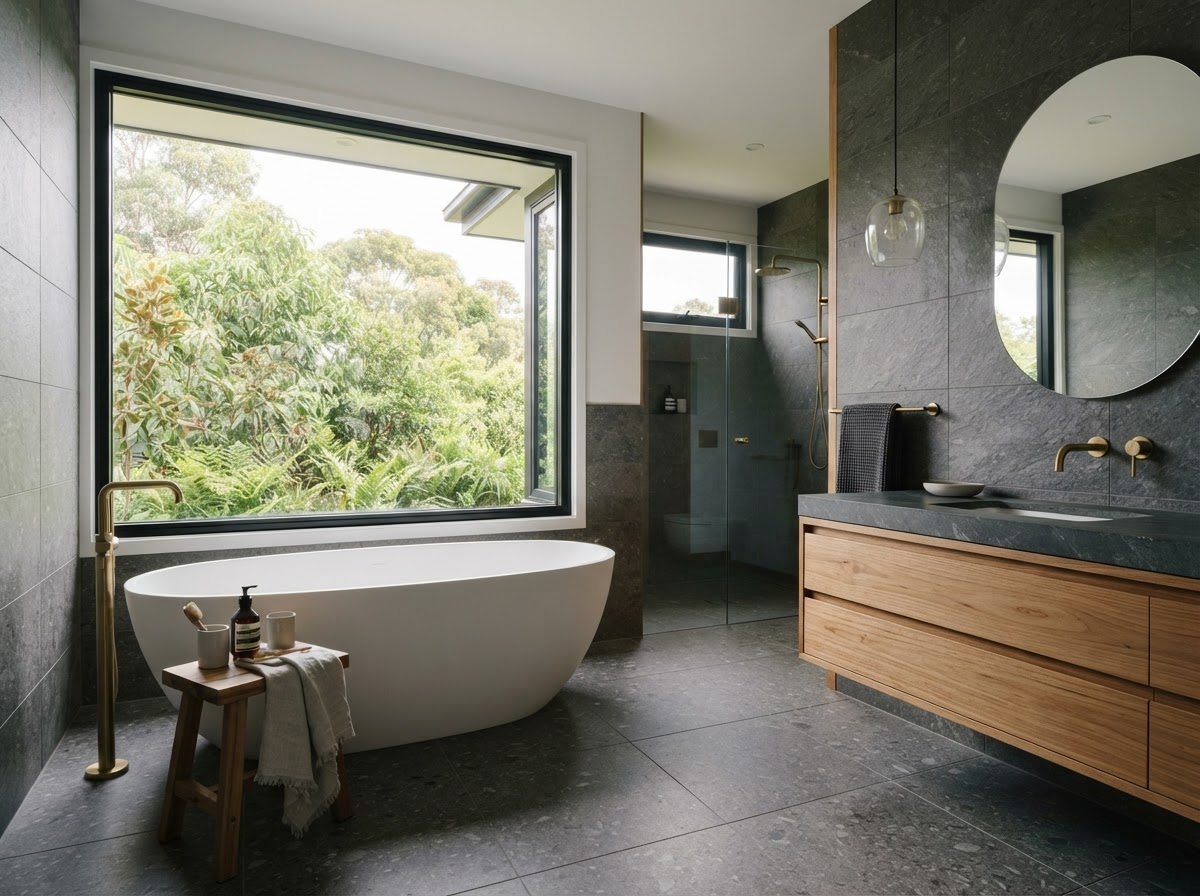 Bathroom and kitchen renovation in Campbell with freestanding bath and stone benchtop