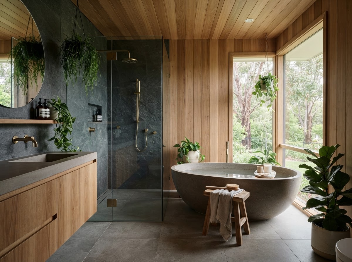 Spa-style bathroom with timber cladding