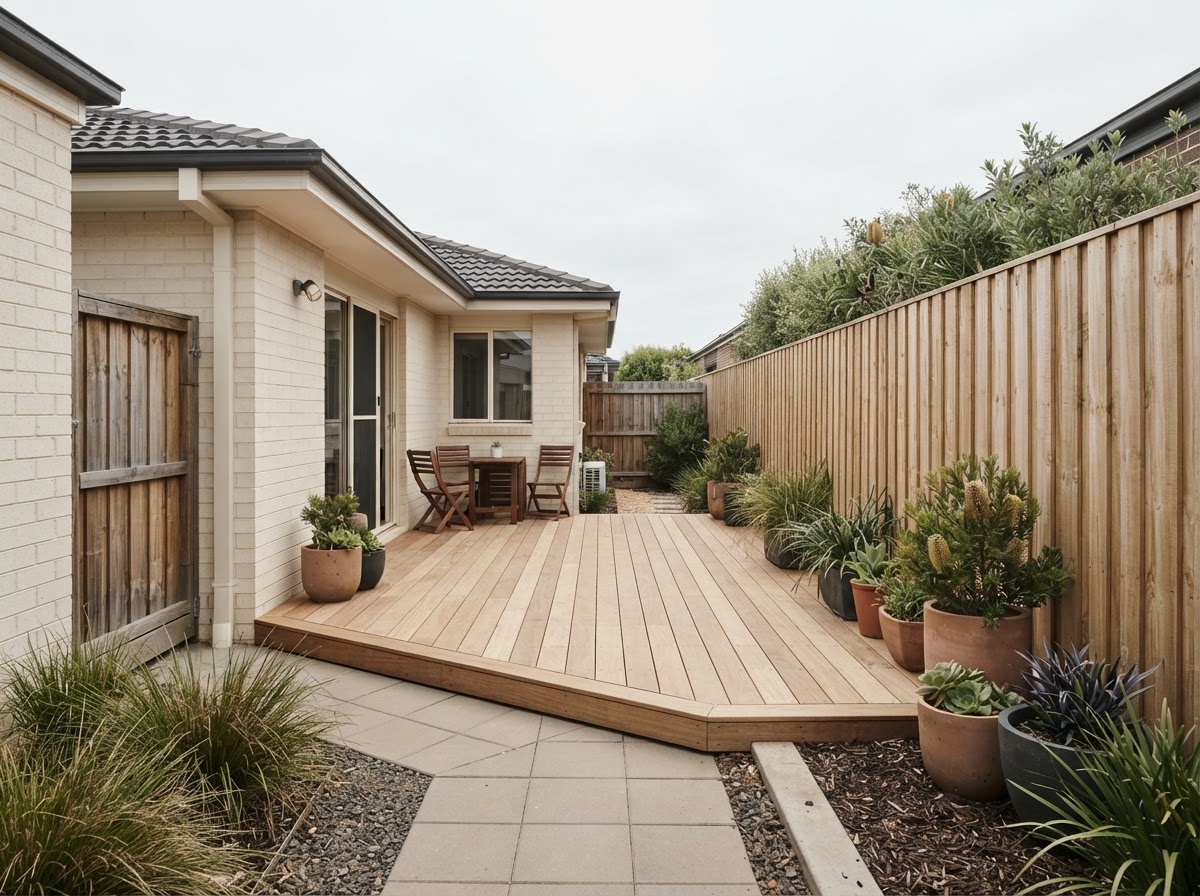Small courtyard deck at the side of a house, light oak boards, side fence and pots