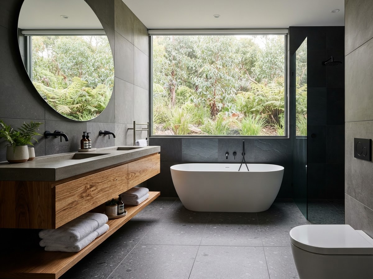 Bathroom renovation in Stirling with back-to-wall bath and timber vanity